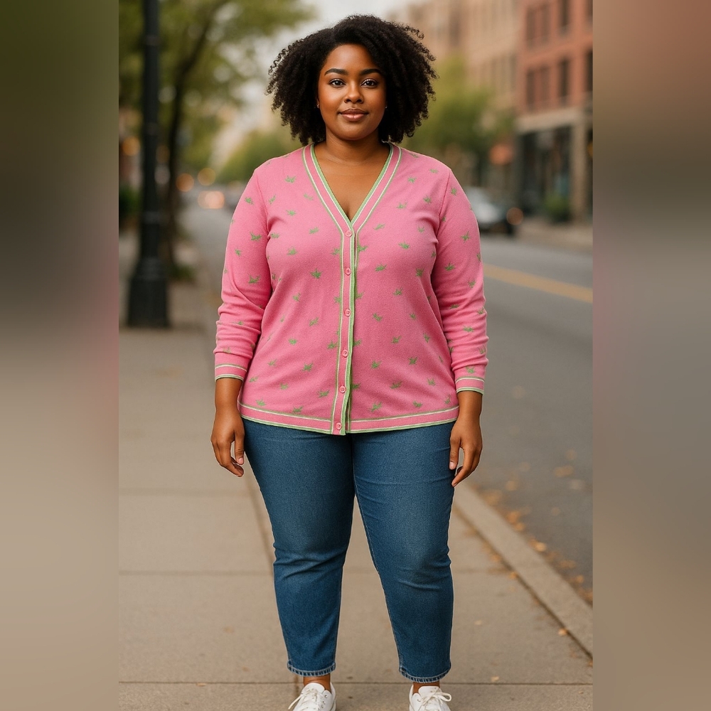 Quacker Factory Pink Cardigan with Green Trim